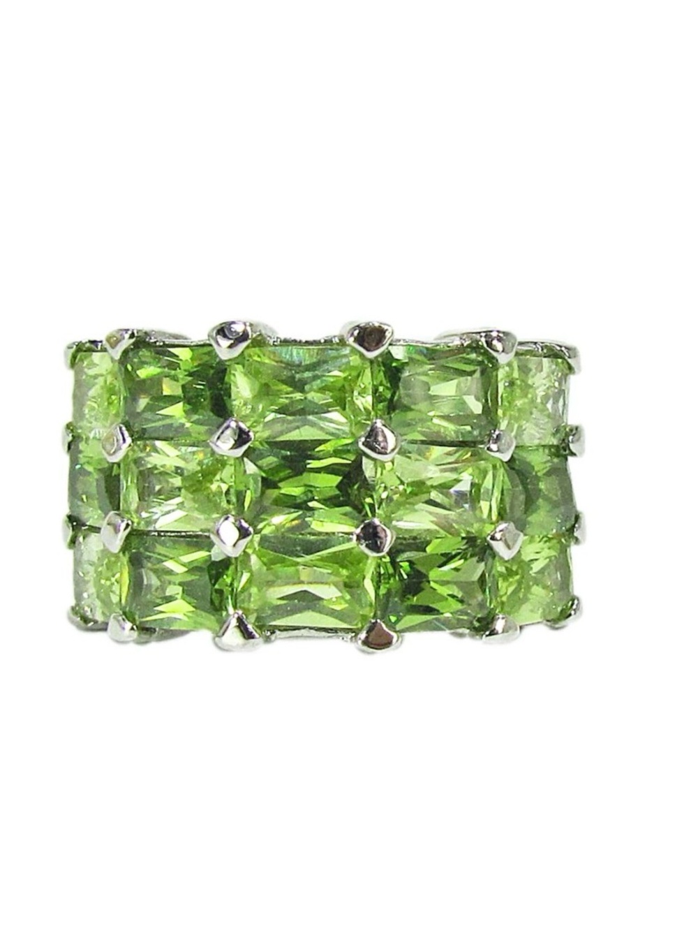 Green wide band ring with cubic zirconia stones 3 rows of rectangle stones SZ 6